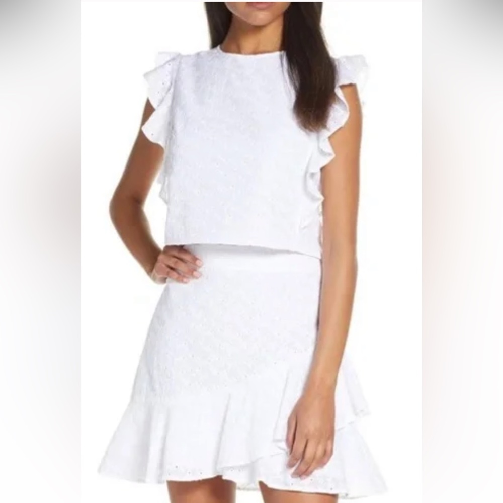 Lilly Pulitzer fishy white eyelet ruffled lace cropped 00 alpinia skirt set.